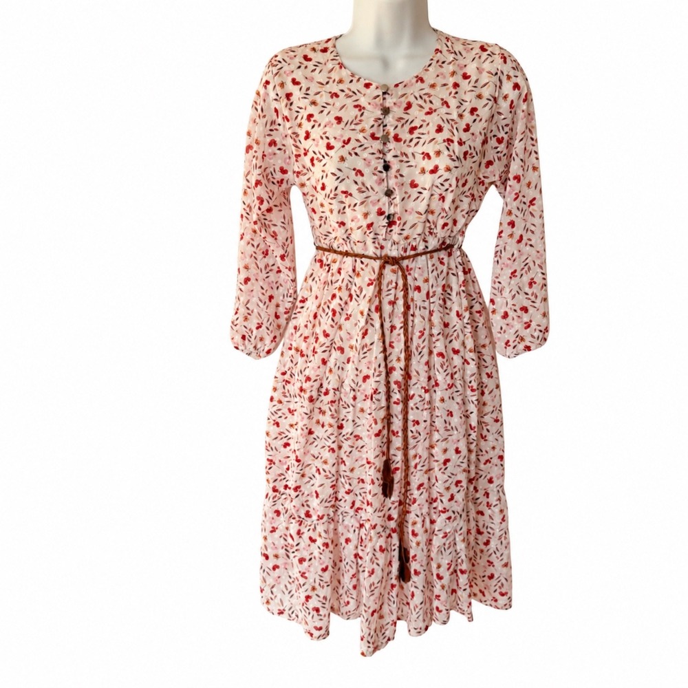 Zara Woman Floral Chiffon Midi Dress Red Cream Swiss Dot Belted Size 6